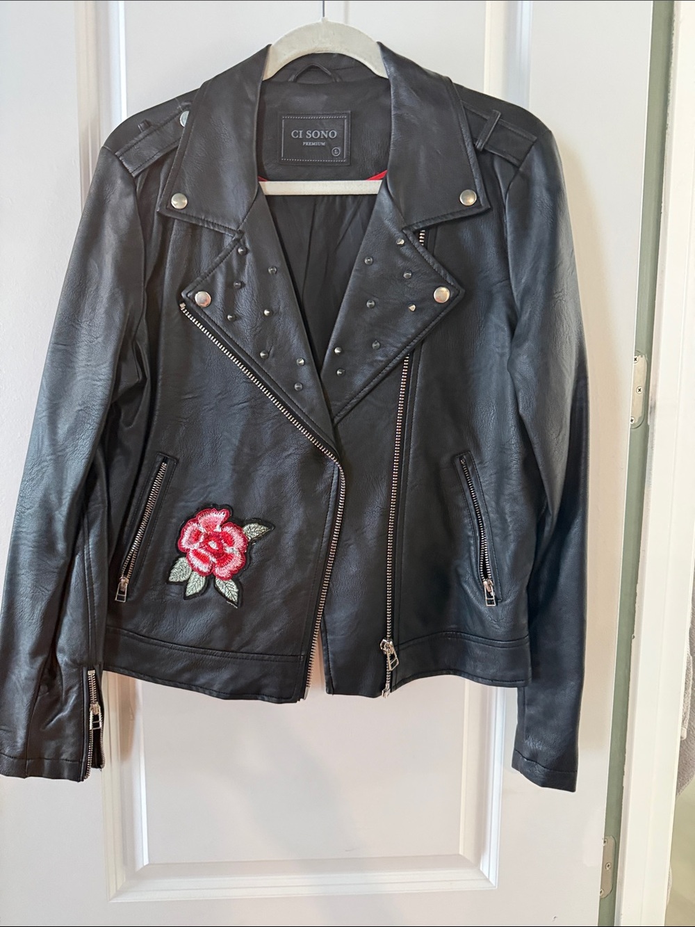 Ci Sono Black Faux Leather Studded Moto Jacket with Rose Patch
